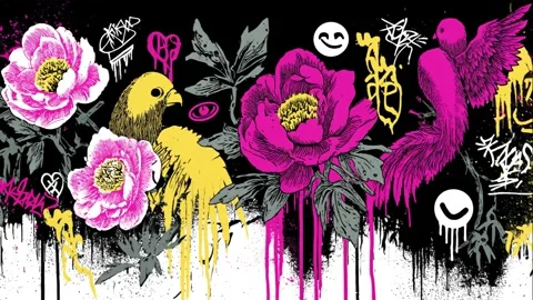 Vibrant stencil mural of phoenixes with calligraphy and emojis Stock Footage 308014743