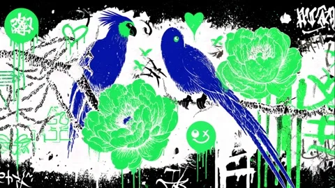Vibrant stencil mural of phoenixes with calligraphy and emojis Stock Footage 308014961