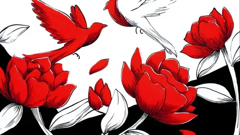 Vibrant stencil mural of phoenixes with calligraphy and emojis Stock Footage 308015110