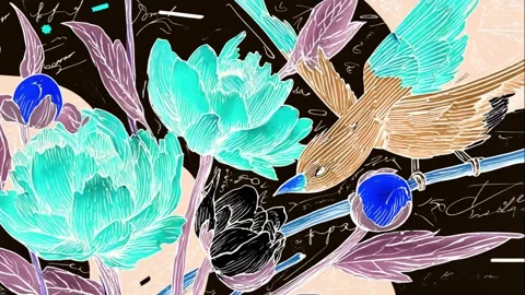 Vibrant stencil mural of phoenixes with calligraphy and emojis Stock Footage 308015440