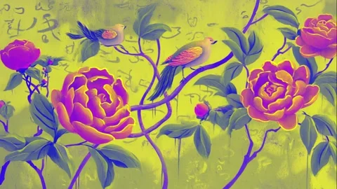 Vibrant stencil mural of phoenixes with calligraphy and emojis Stock Footage 308015686