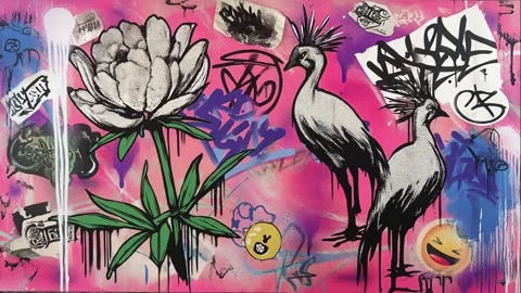 Vibrant stencil mural of phoenixes with calligraphy and emojis Stock Footage 308015823