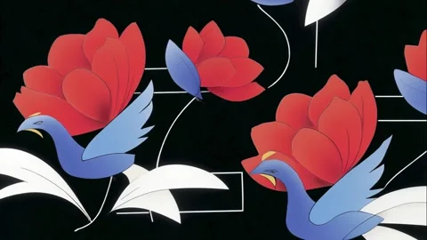 Vibrant stencil mural of phoenixes with calligraphy and emojis Video stock 308021949