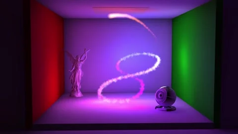 Vibrant studio with angel statue and glowing light trail Stock Footage 322806945
