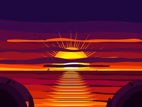 Vibrant Stylized Sunset Vector Illustration Orange Sky, Water Reflection, L.. Stock Illustration