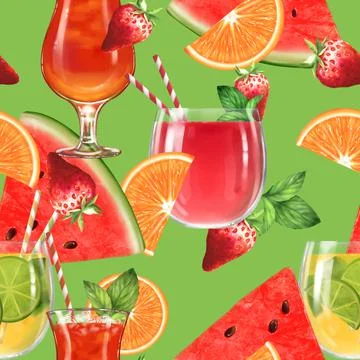 Vibrant summer background. Seamless pattern with cocktails and fruits. Stock Illustration