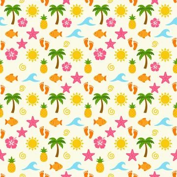 Vibrant Summer Beach Pattern with Tropical Elements. 스톡 일러스트