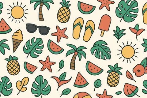 Vibrant summer beach vacation pattern with tropical elements and sunglasses Illustrazione stock
