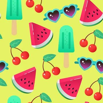 Vibrant summer cute seamless pattern with watermelon, sunglasses and icecre.. Stock Illustration