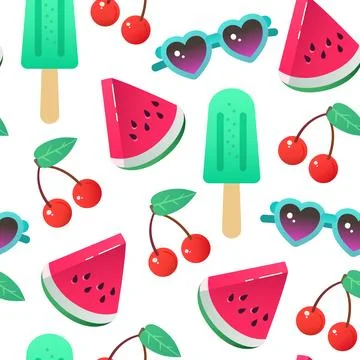 Vibrant summer cute seamless pattern with watermelon, sunglasses and icecre.. Stock-Illustration