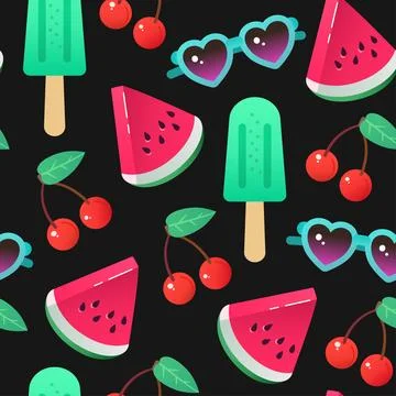 Vibrant summer cute seamless pattern with watermelon, sunglasses and icecre.. Stock Illustration