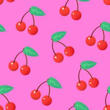 Vibrant summer cute seamless pattern with red juicy cherries. Vector illust.. Stock Photos