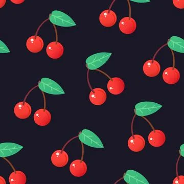 Vibrant summer cute seamless pattern with red juicy cherries. Vector illust.. Stock Photos