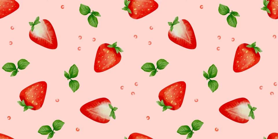 Vibrant summer fruit pattern featuring fresh strawberries and green leaves Stock Illustration