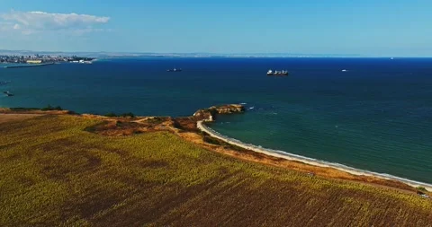 Vibrant Summer Scene Virgin Beach Overlooking Busy Commercial Port Harbor City Video stock 300445211