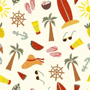 Vibrant summer tropical pattern hand drawn beach elements for seamless designs Stock Illustration