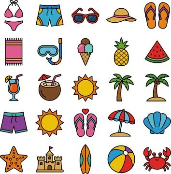 Vibrant Summer Vacation and Beach Holiday Icons Collection. Stock Illustration