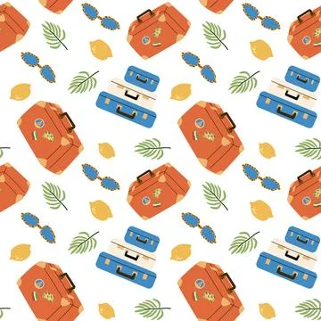 Vibrant summer vacation sticker pattern with suitcases, sunglasses, and lemons Stock Illustration