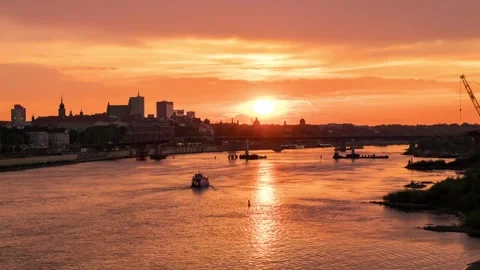 Vibrant Sunset  City Lights Timelapse - Warsaw's Riverside View Stock Footage 281421172