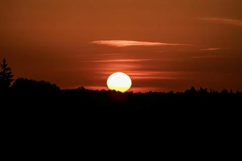 Vibrant sunset over a dark forest silhouette with wispy clouds in the sky Stock Photos