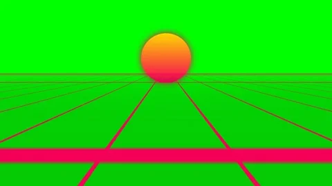 A vibrant sunset over a digital grid landscape in retro synthwave aesthetic Видео 341820910