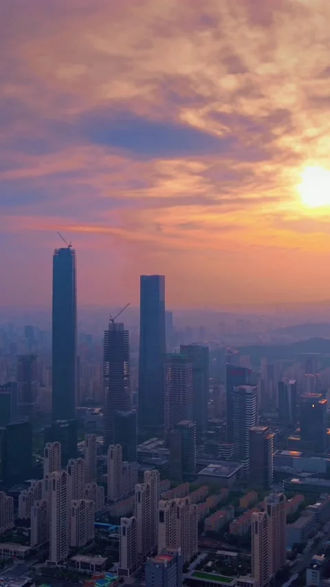 Vibrant Sunset over Jinan CBD Skyline, China Stock Footage 331228656