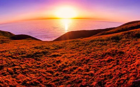 Vibrant sunset over the ocean with rolling grassy hills in the foreground. Stock Photos