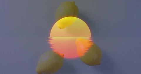 Vibrant sunset reflection animation with lemons surrounding on white background Stock Footage 305835058