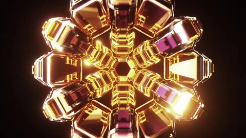 Vibrant Symmetrical 3D Abstract Design with Glowing Geometric Shapes in Gol.. Stock Footage 314068599