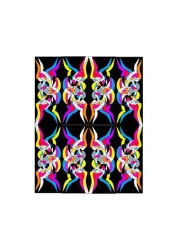 Vibrant Symmetrical Geometric Pattern in Four‑Section Grid on Black Background Stock Illustration