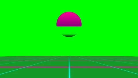 A vibrant synthwave landscape featuring a bright pink sun over a neon grid Stock Footage 341820896