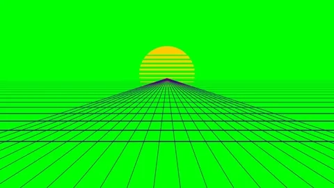 A vibrant synthwave landscape featuring a digital sun over a grid horizon Stock Footage 340266305