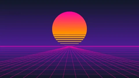 A vibrant synthwave landscape featuring a glowing sun over a digital grid Stock Footage 340903738