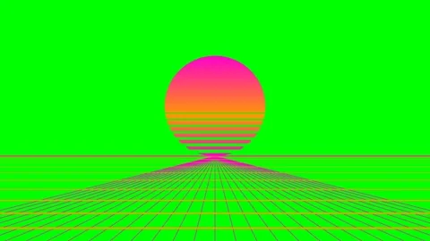 A vibrant synthwave landscape featuring a gradient sun over a digital grid Stock Footage 340264932