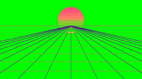 A vibrant synthwave landscape featuring a gradient sun over a digital grid Stock Footage 340903099