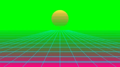 A vibrant synthwave landscape featuring a stylized sun above a digital grid Stock Footage 340267606