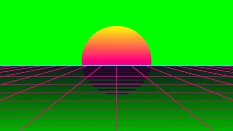 A vibrant synthwave landscape with a glowing sun over a digital grid horizon Stock Footage 340904385