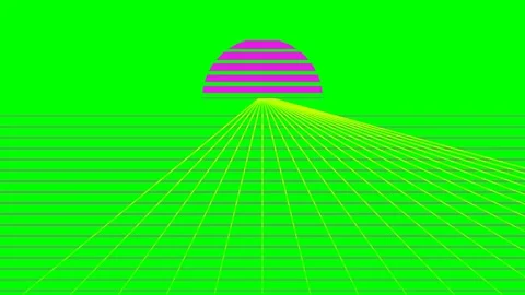 A vibrant synthwave landscape with a striped sunset and perspective grid Stock Footage 340266232