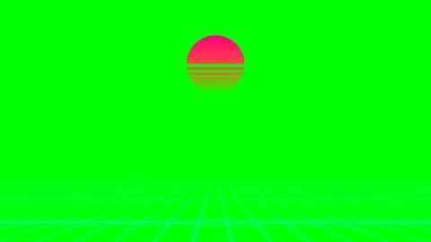 A vibrant synthwave sun hovering over a retro digital perspective grid floor Stock Footage 340267914