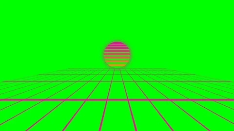 A vibrant synthwave sun rising over a neon grid against a green background Stock Footage 341820840