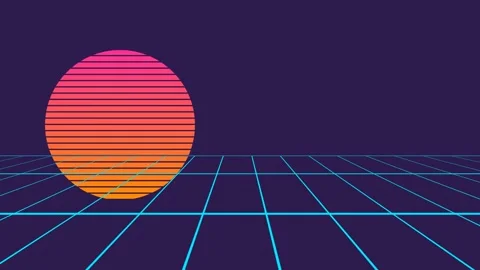 A vibrant synthwave sun setting over a glowing digital perspective grid Video stock 335118083