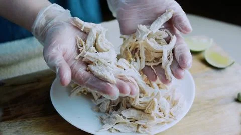 Vibrant tabletop study: arranging pulled chicken on a plate Foto stock