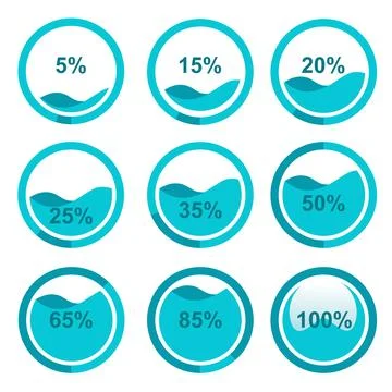 Vibrant Teal Liquid Percentage Progress Indicators Set: Flat Design Vector .. Stock Illustration
