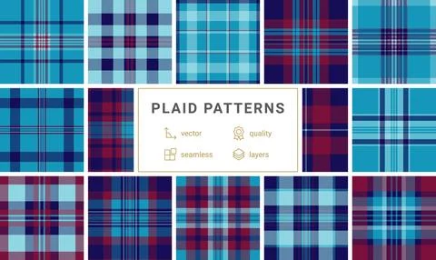 Vibrant teal plaid seamless pattern featuring deep navy and burgundy accent.. Stock Illustration