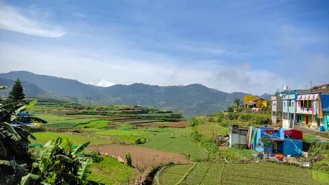 Vibrant Terraced Rice Fields and Highland Village Architecture, Mountain Va.. Fotos de archivo