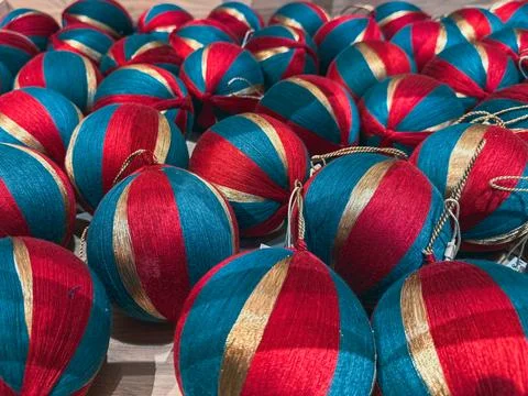Vibrant Textile Ornaments: A Festive Array 스톡 사진