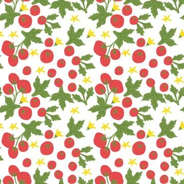 Vibrant tomato and arugula pattern with delicate yellow flowers Stock Illustration