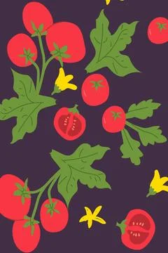 Vibrant tomato pattern with leaves and yellow blossoms on dark background Stock Illustration