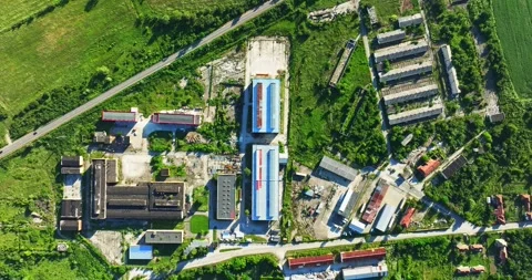 Vibrant Top Down Satelite Steady Shot Warehouses Recycling Factories Aerial Stock Footage 300485531