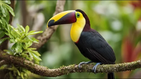 A vibrant toucan perches gracefully on a tree branch Video stock 314717939